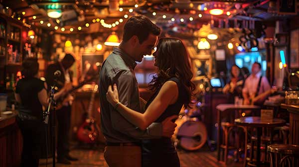 couple are dancing in a pub
